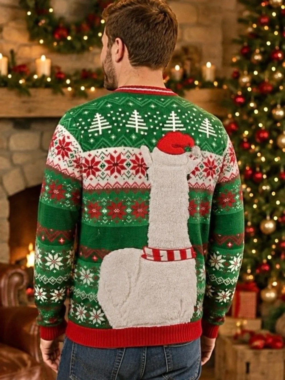 Ugly Christmas Green Sweater Blizzard Bay Llama In Sunglasses Scarf Unisex Sz L